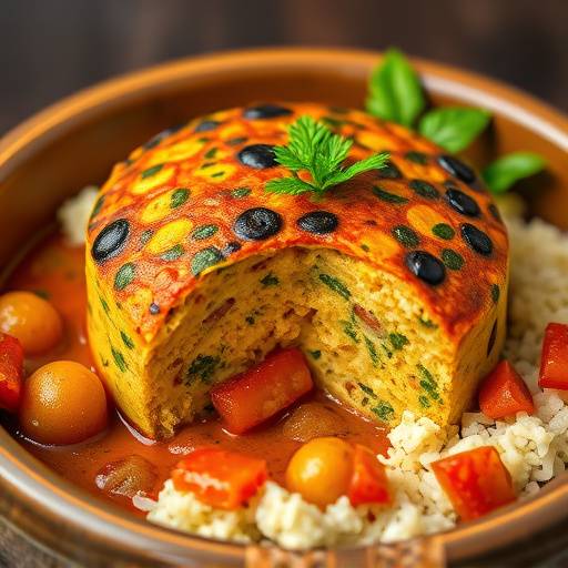 A bowl of colorful Bobotie with chutney, a popular South African dish
