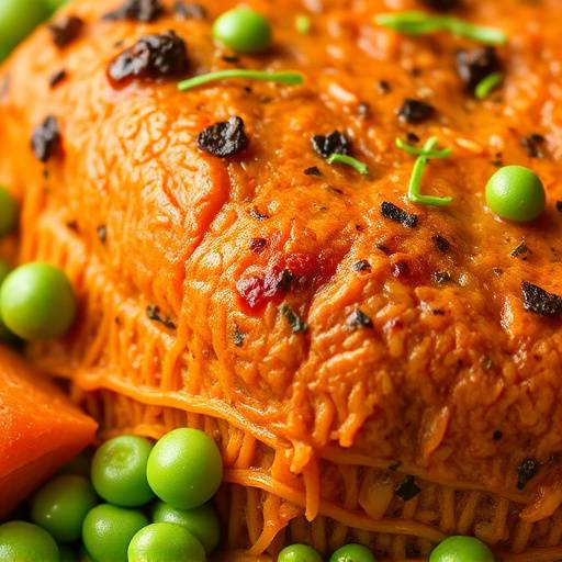 A close-up shot of a bobotie dish with a visible layer of sugar snap peas and sweet potatoes