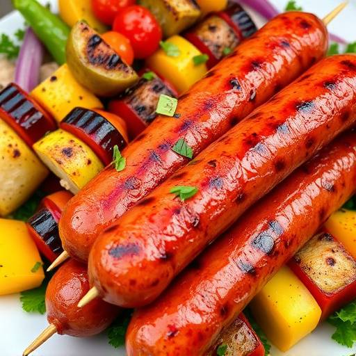 A platter of grilled boerewors served with a side of colorful vegetable skewers, showcasing a balanced and nutritious meal.