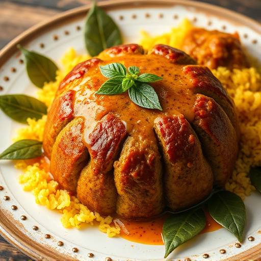 A steaming plate of bobotie, garnished with bay leaves and served with yellow rice and chutney.