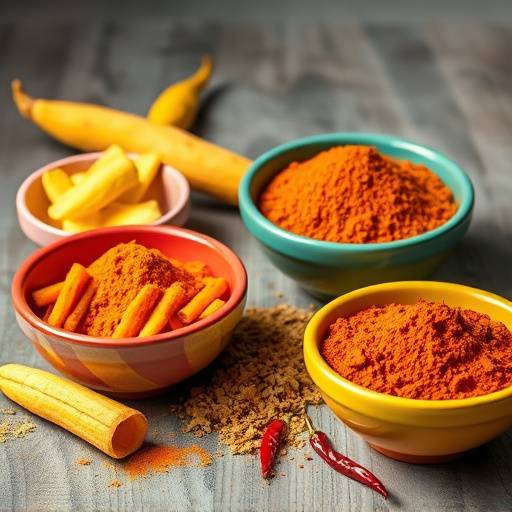 A vibrant display of Cape Malay spices in colorful bowls, including turmeric, coriander, cumin, and chili powder.