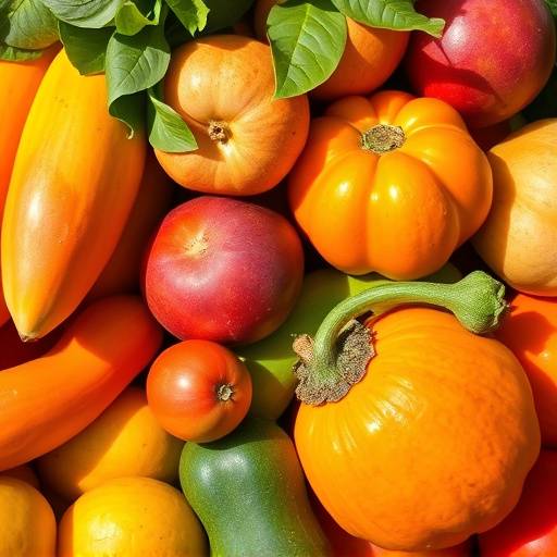 A vibrant display of fresh fruits and vegetables commonly used in South African cuisine, such as papayas, mangoes, and gem squash.