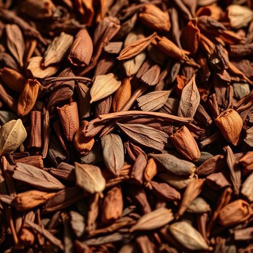Close-up of a cup of Rooibos tea with dry rooibos leaves scattered around it, highlighting its natural reddish-brown color.
