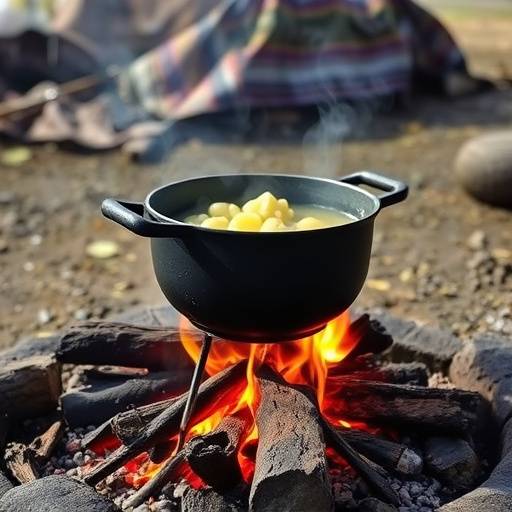 Close-up of a potjie simmering over an open fire, showcasing traditional South African cooking techniques.