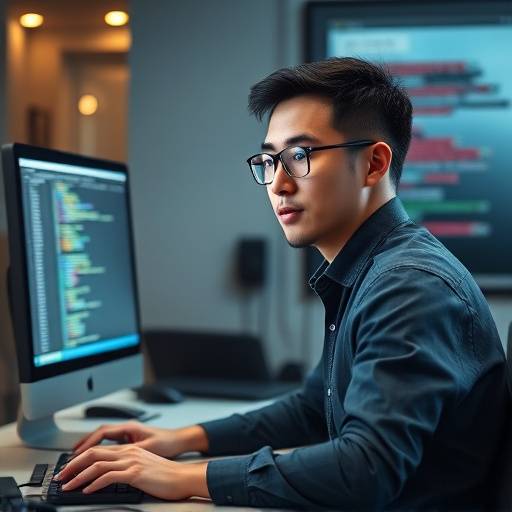 David Chen, Website Developer, in an office setting, coding on a computer.